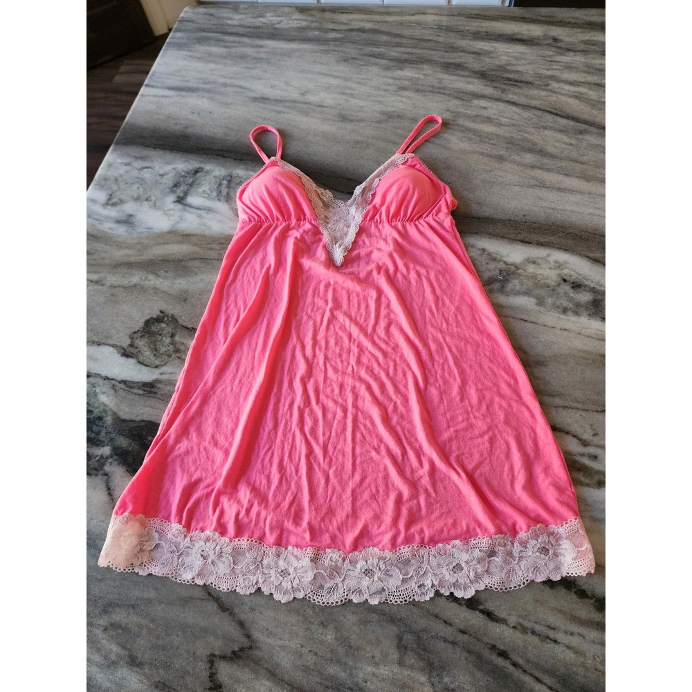 Y2K Victoria's Secret Hot Pink Lace Trim Cami‎ Slip Dress Lingerie Size Small